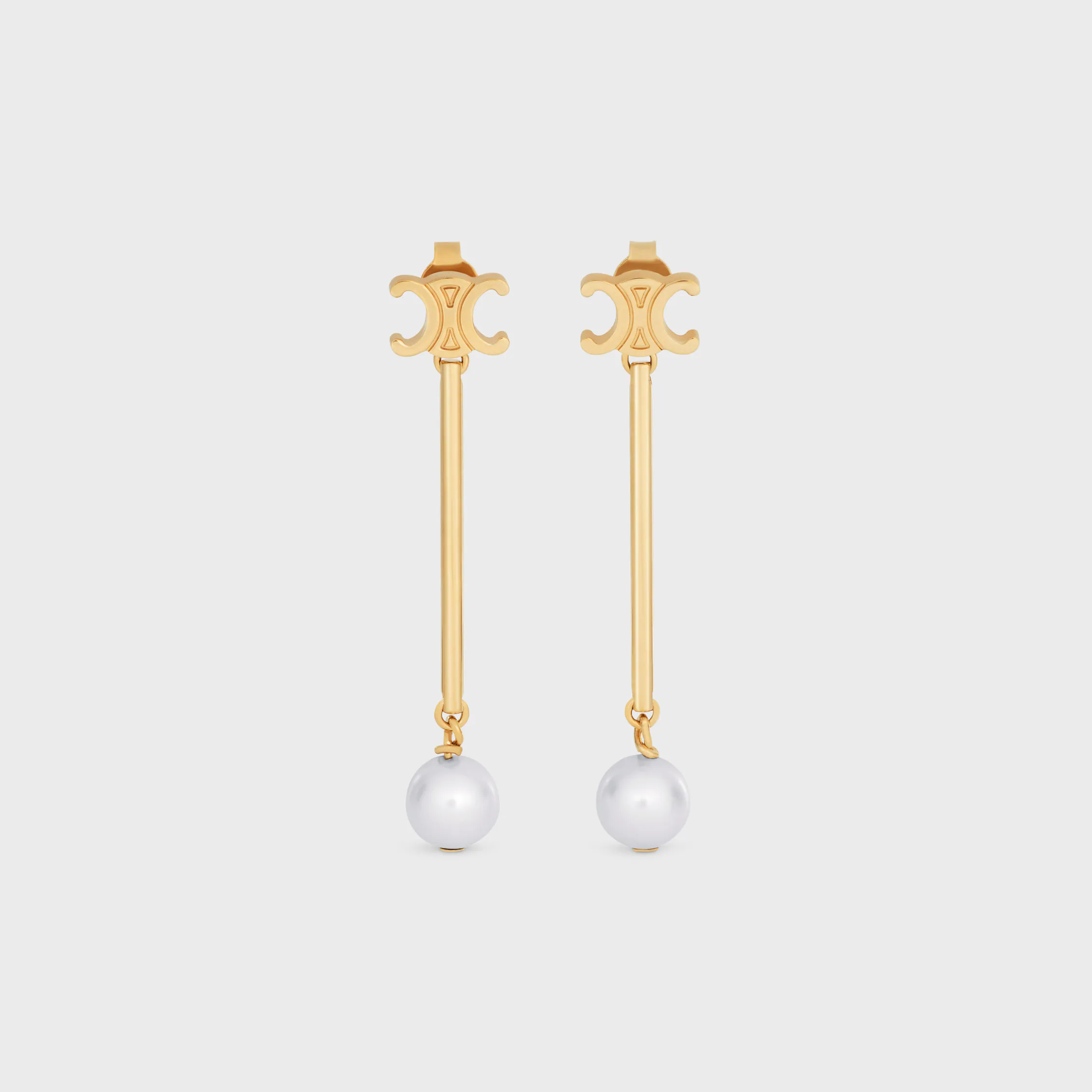 Brincos Retos Les Perles Celine em Pérolas de Resina e Latão com Acabamento Dourado